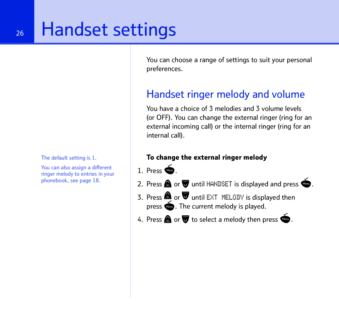 BT 1500 manual HandsetSectionsettings, Handset ringer melody and volume 