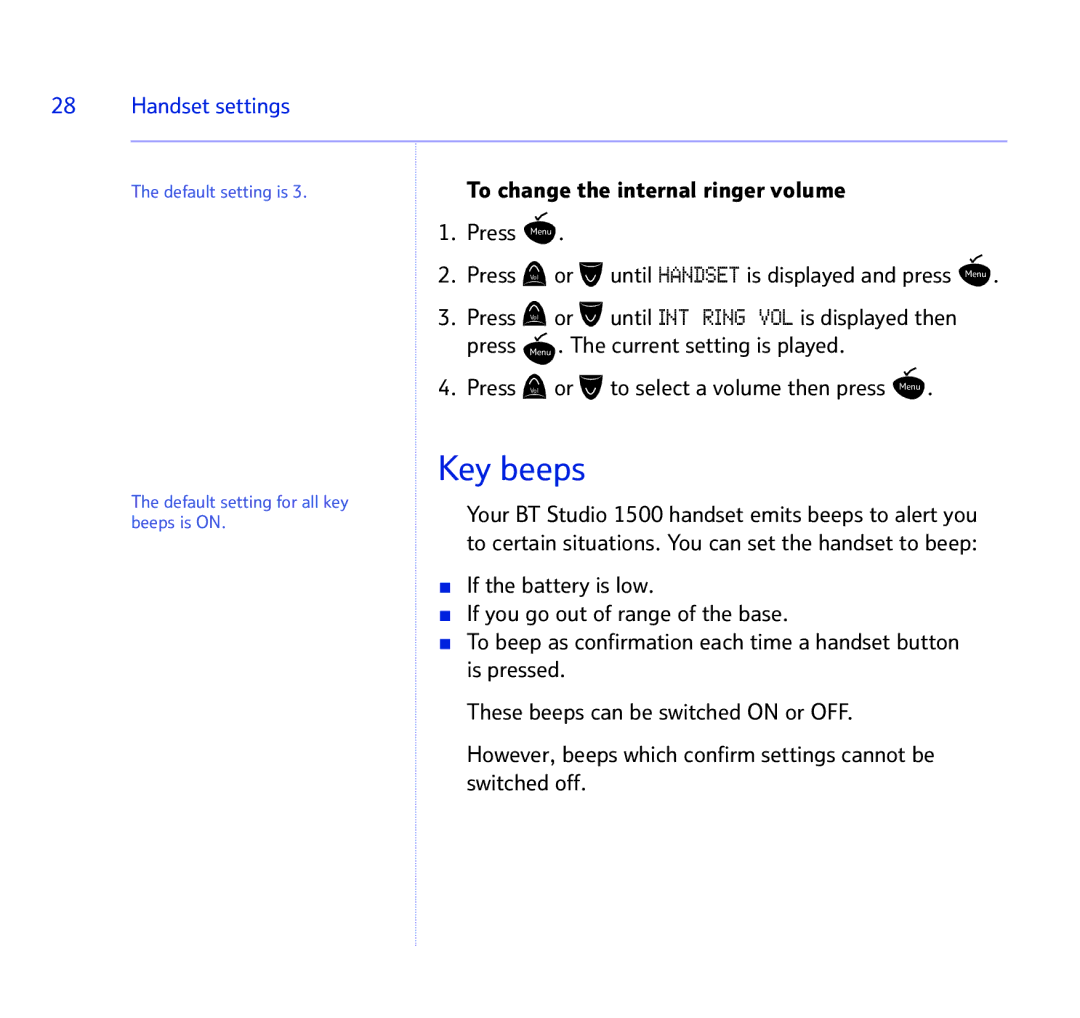 BT 1500 manual Key beeps, Handset settings 