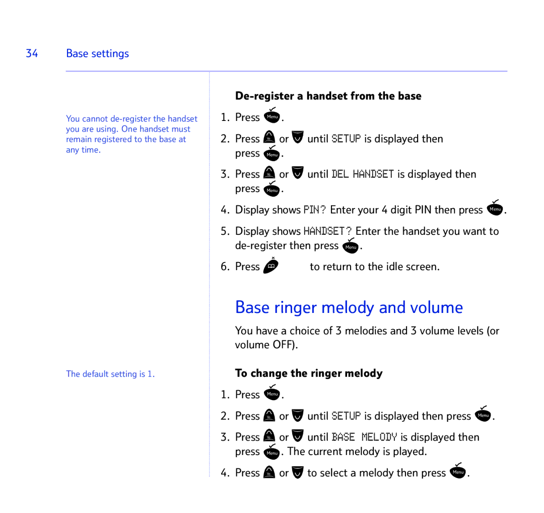 BT 1500 manual Base ringer melody and volume, Base settings 