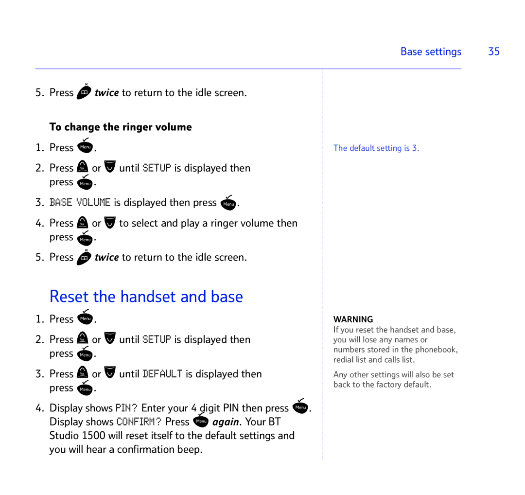 BT 1500 manual Reset the handset and base, Base settings 