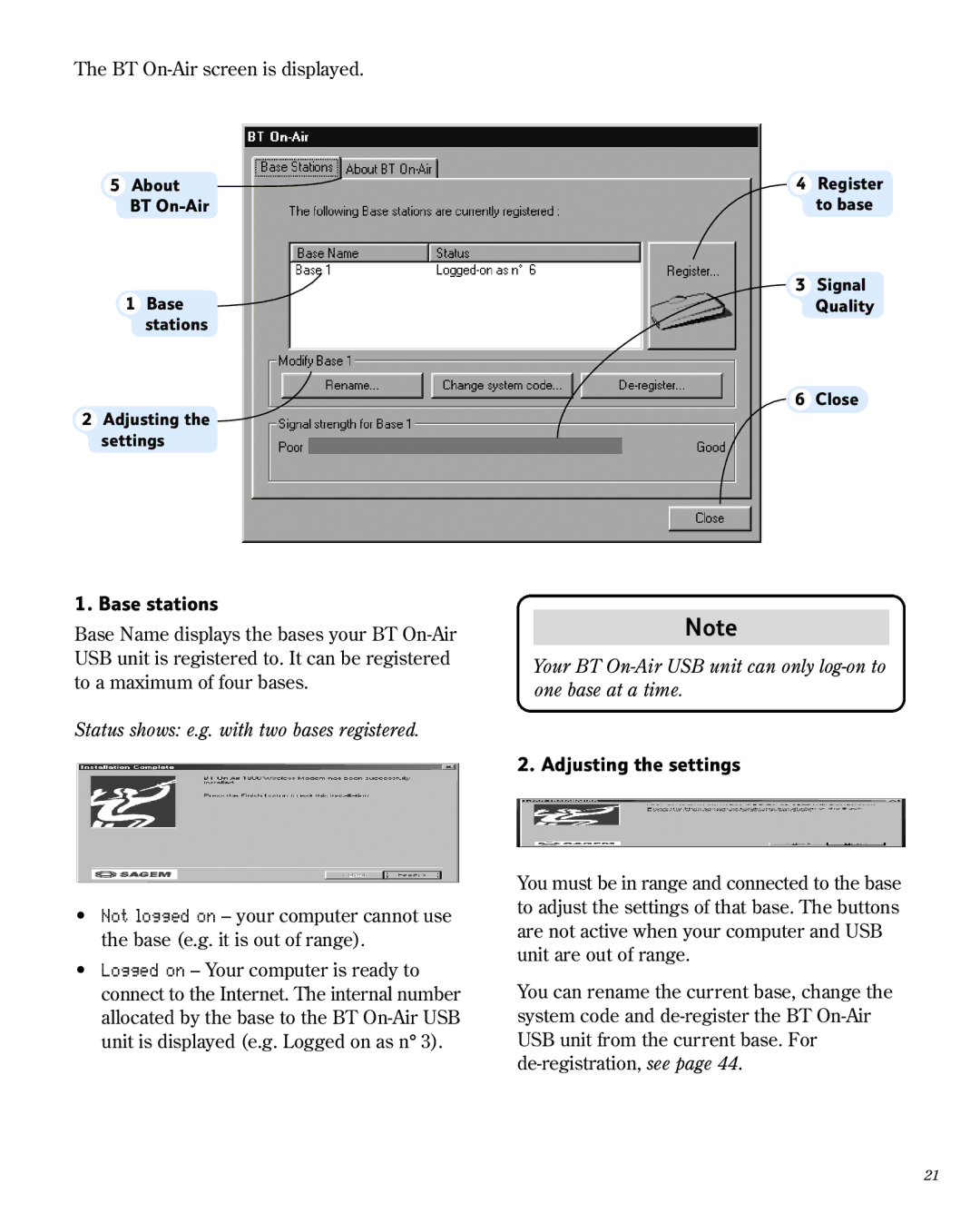 BT 1800 manual Base stations, Status shows e.g. with two bases registered, Adjusting the settings 