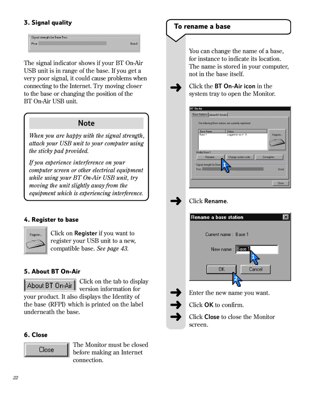 BT 1800 manual To rename a base, Signal quality, Register to base, About BT On-Air, Close 