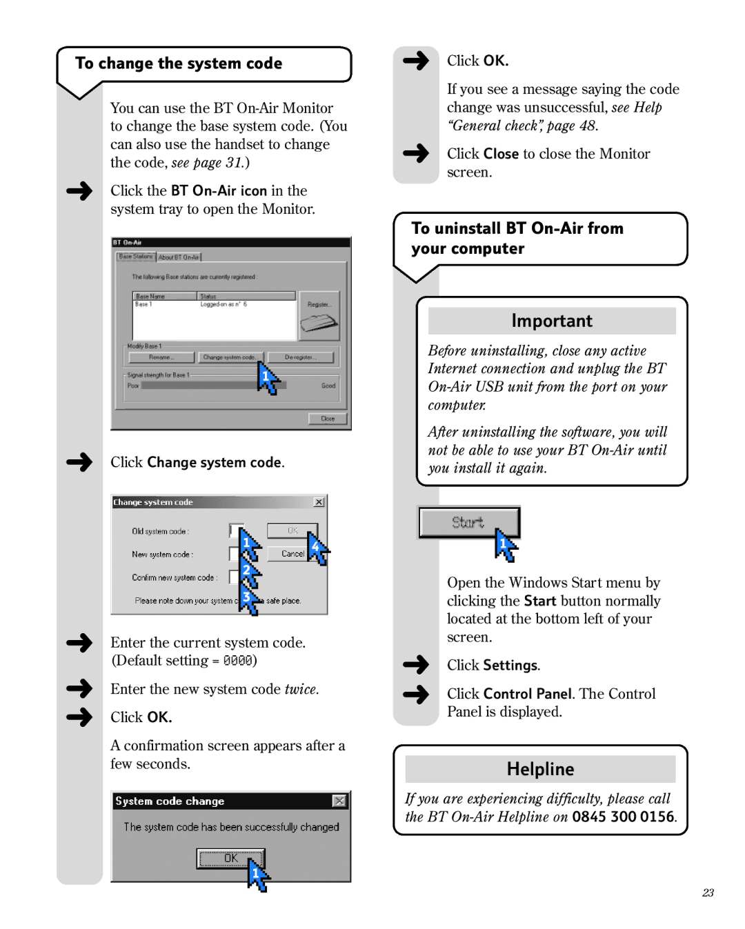 BT 1800 manual To change the system code, To uninstall BT On-Air from your computer, Click Change system code 