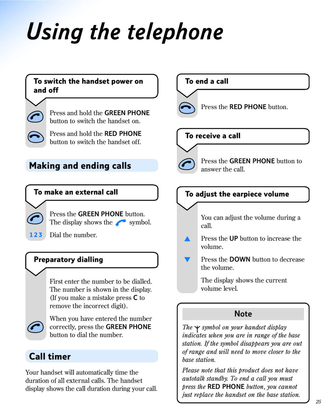 BT 1800 manual Using the telephone, Making and ending calls, Call timer 