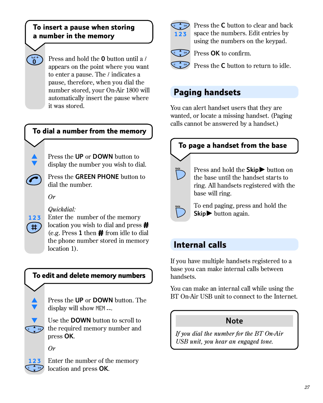 BT 1800 manual Paging handsets, Internal calls 