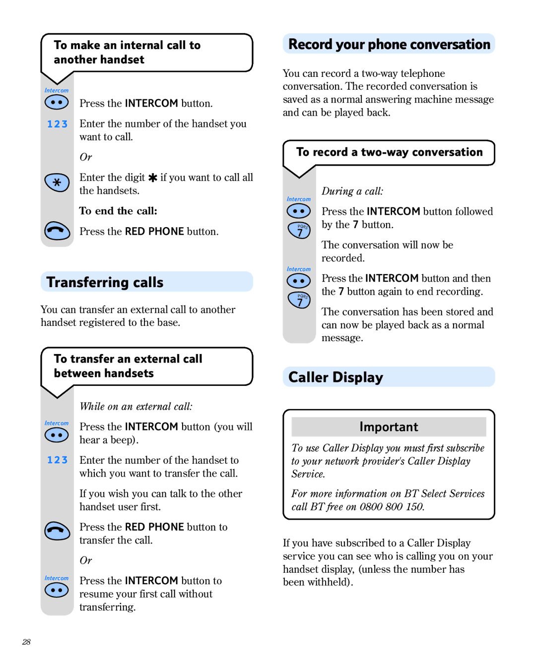 BT 1800 manual Transferring calls, Record your phone conversation, Caller Display 