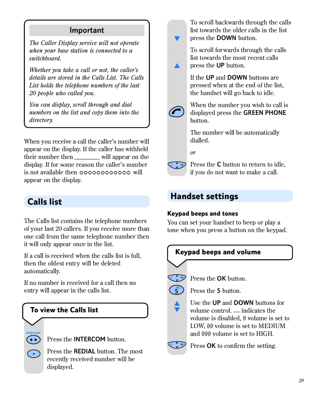 BT 1800 manual Handset settings, To view the Calls list, Keypad beeps and volume, Keypad beeps and tones 