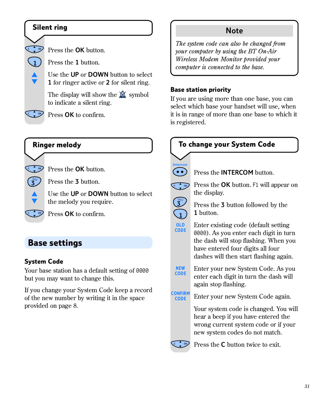 BT 1800 manual Base settings, Silent ring, Ringer melody To change your System Code, Base station priority 