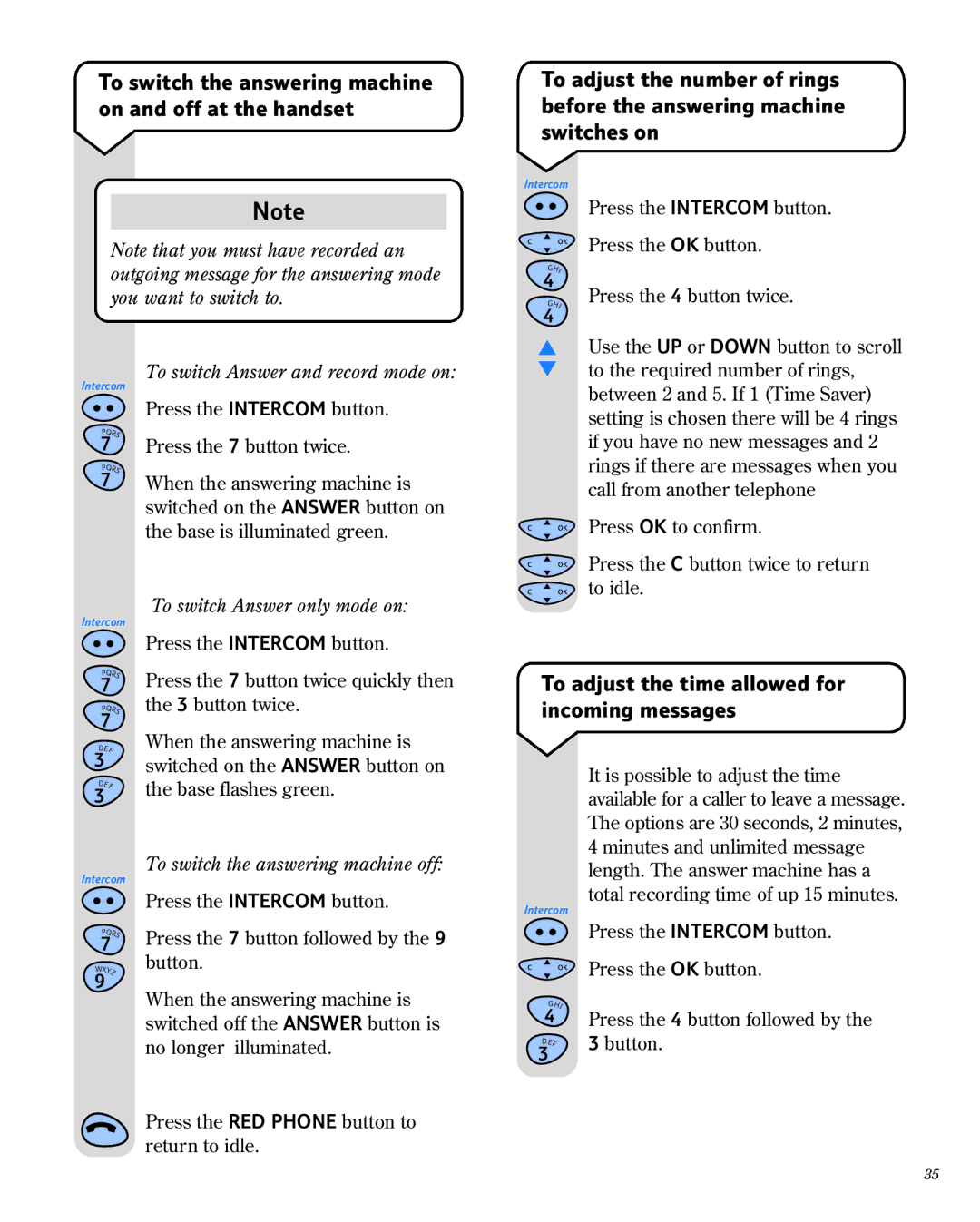 BT 1800 manual To switch the answering machine on and off at the handset, To adjust the time allowed for incoming messages 