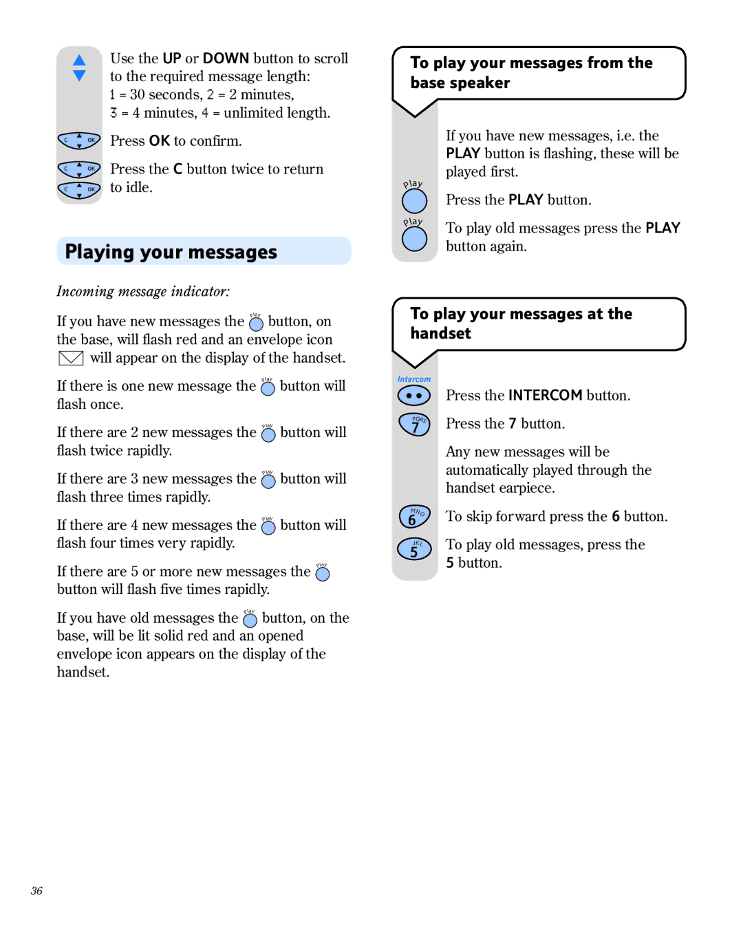 BT 1800 manual Playing your messages, To play your messages from the base speaker, To play your messages at the handset 