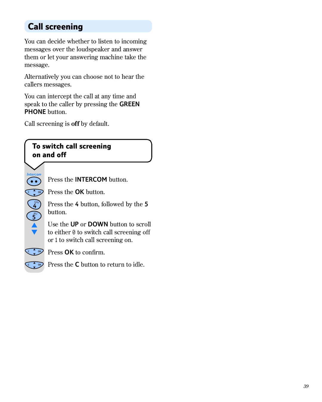 BT 1800 manual Call screening, To switch call screening on and off 