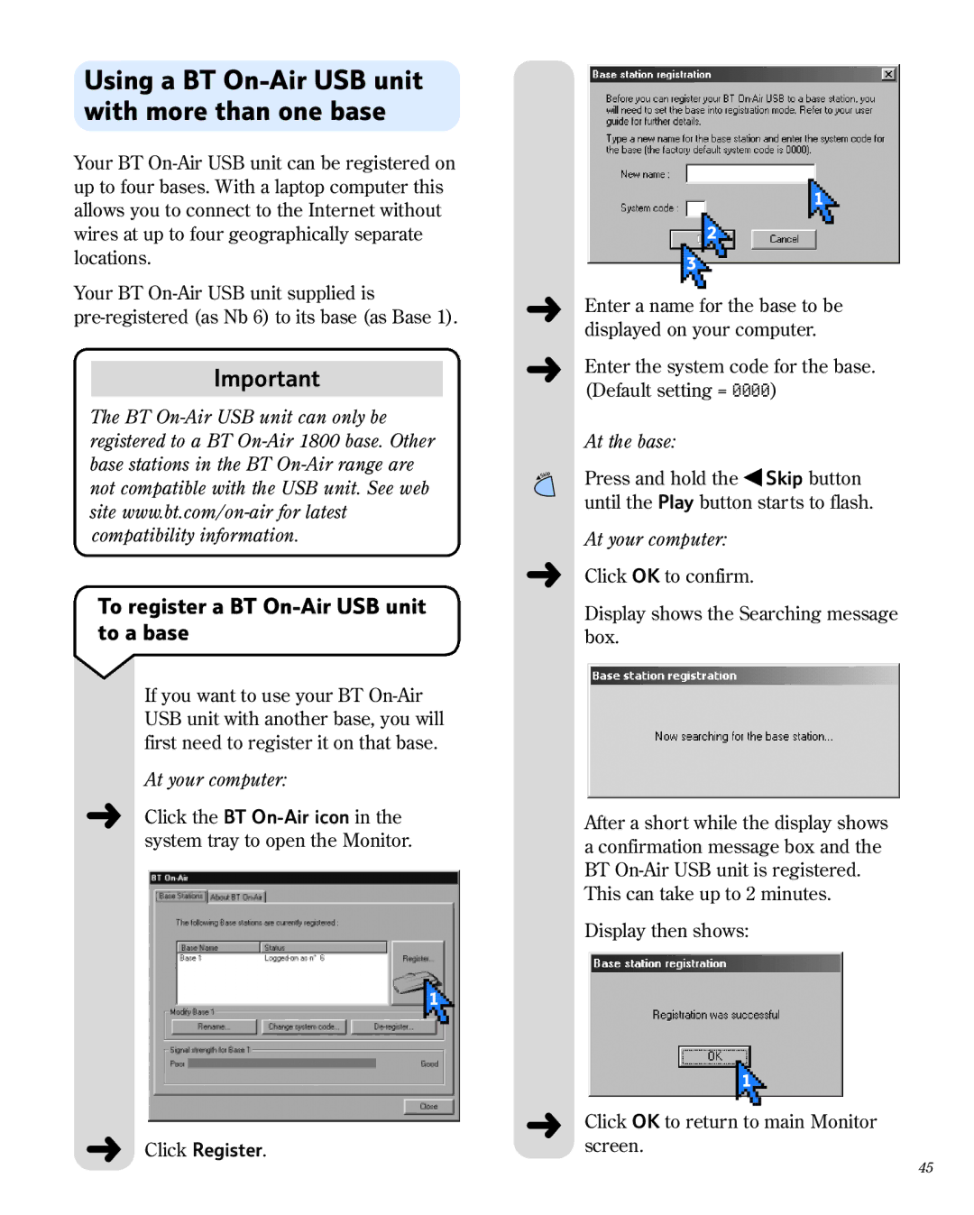 BT 1800 Using a BT On-Air USB unit with more than one base, To register a BT On-Air USB unit to a base, At your computer 