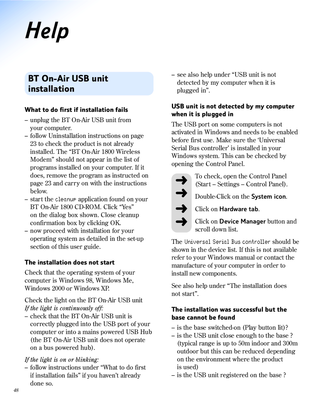 BT 1800 manual Help, BT On-Air USB unit installation 