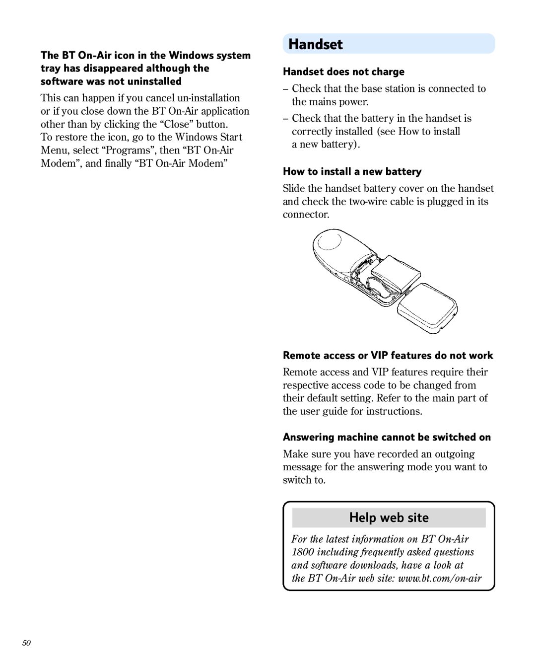 BT 1800 manual Handset does not charge, How to install a new battery, Remote access or VIP features do not work 