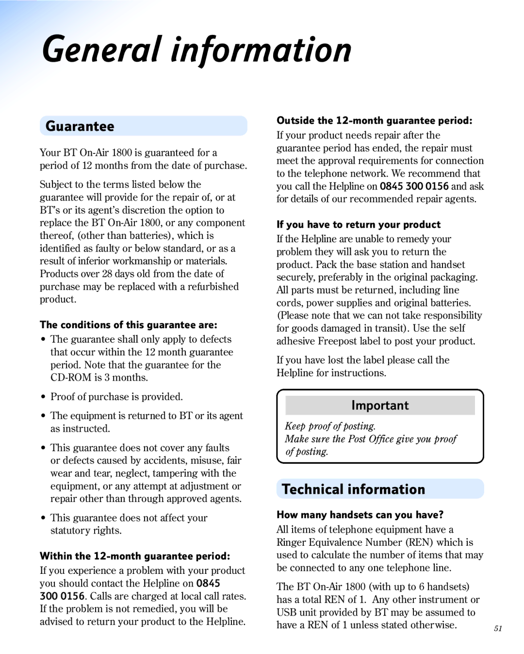 BT 1800 manual General information, Guarantee, Technical information, Conditions of this guarantee are 