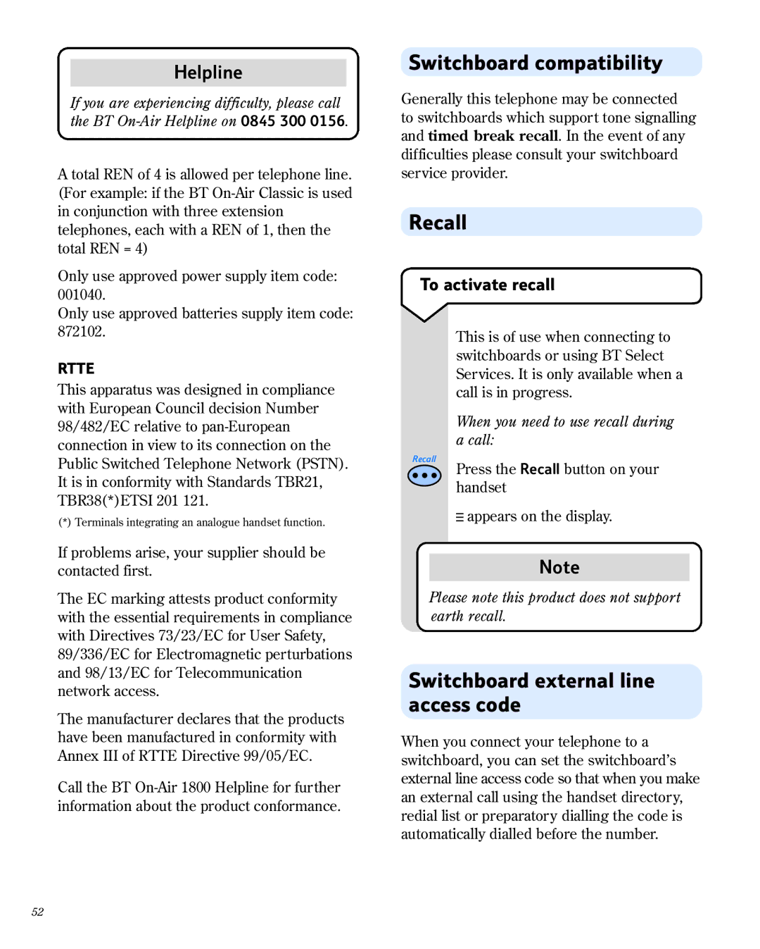 BT 1800 manual Switchboard compatibility, Recall, Switchboard external line access code, To activate recall 