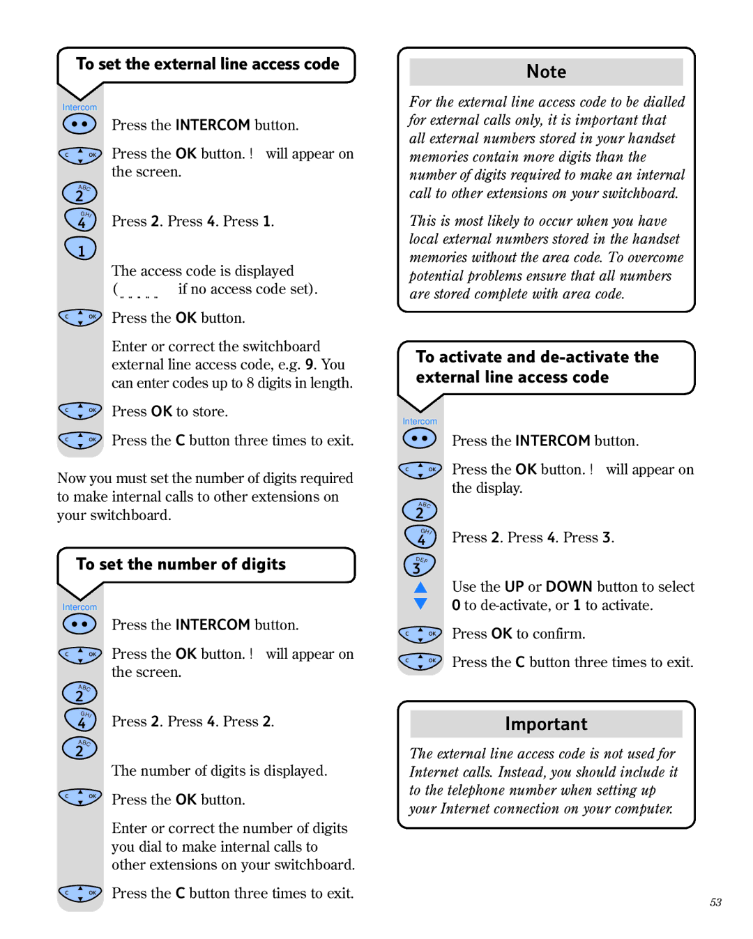 BT 1800 manual To set the external line access code, To activate and de-activate the external line access code 