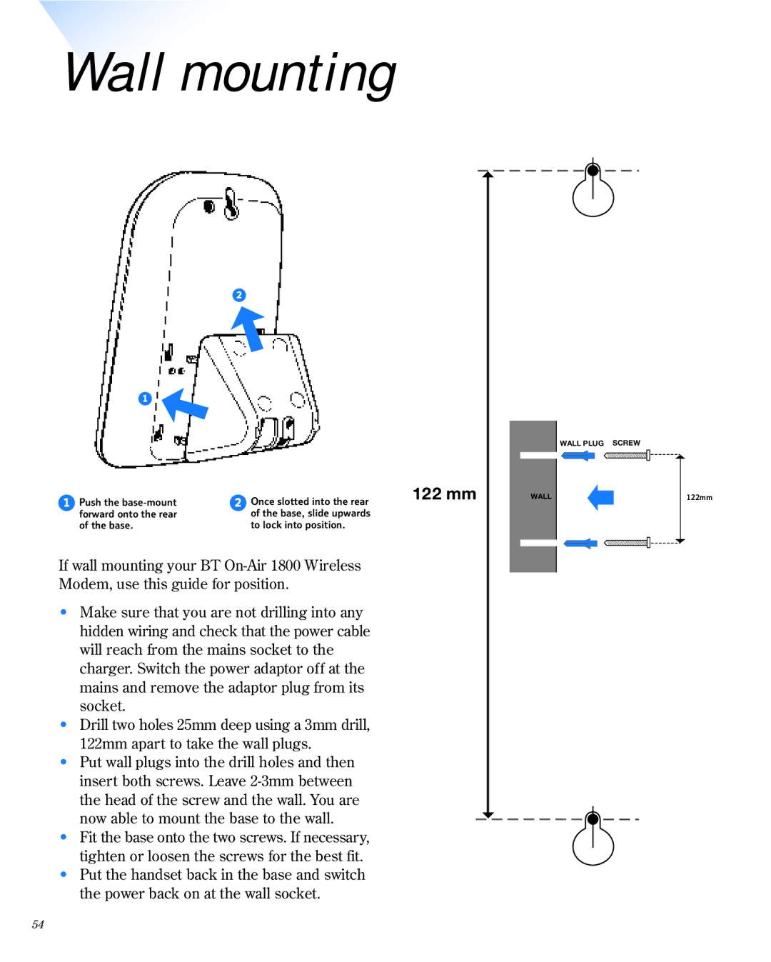 BT 1800 manual Wall mounting, 122 mm 