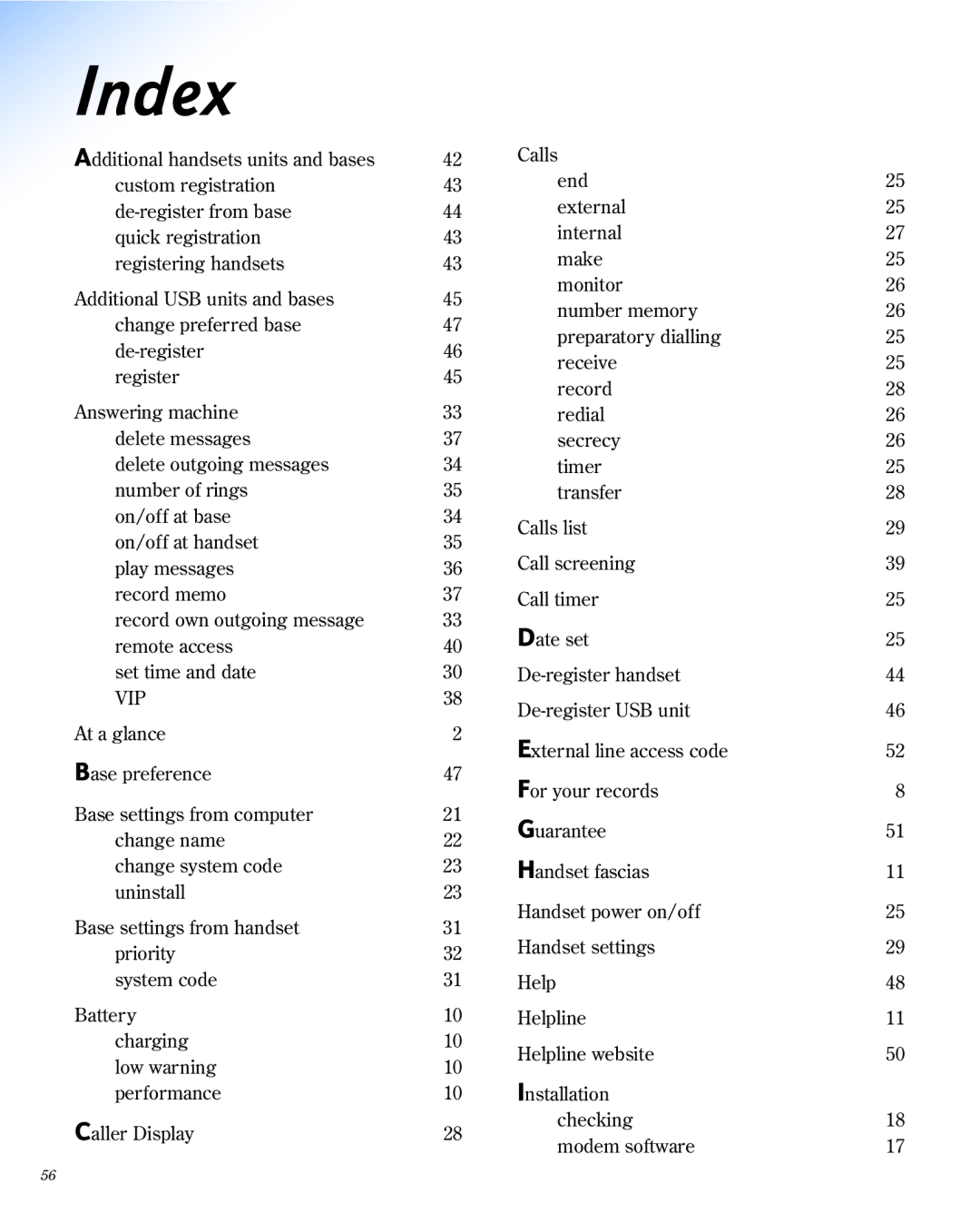 BT 1800 manual Index, Vip 