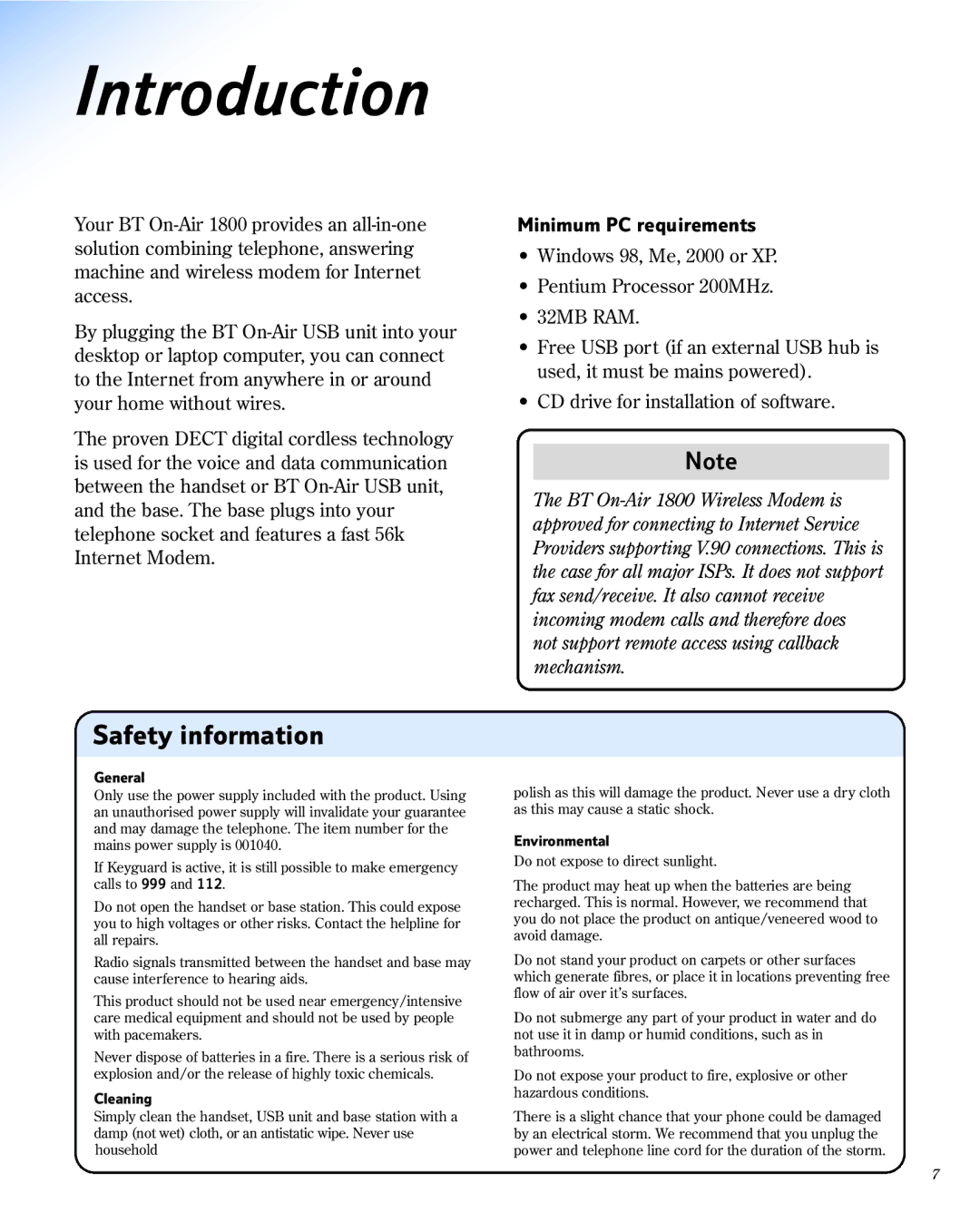 BT 1800 manual Introduction, Safety information, Minimum PC requirements 