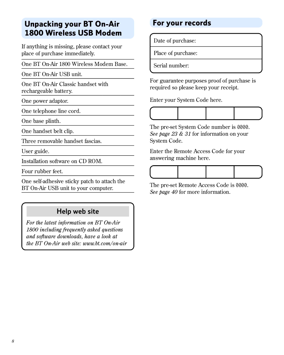 BT manual Unpacking your BT On-Air 1800 Wireless USB Modem, For your records 