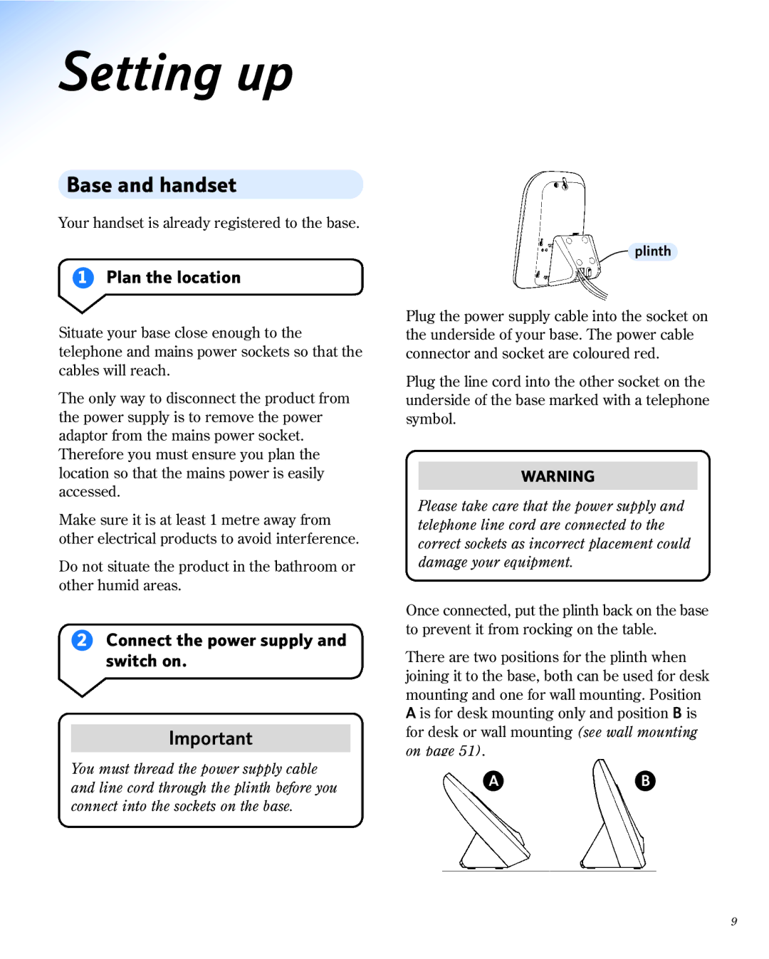 BT 1800 manual Setting up, Base and handset, Plan the location, Connect the power supply and switch on 