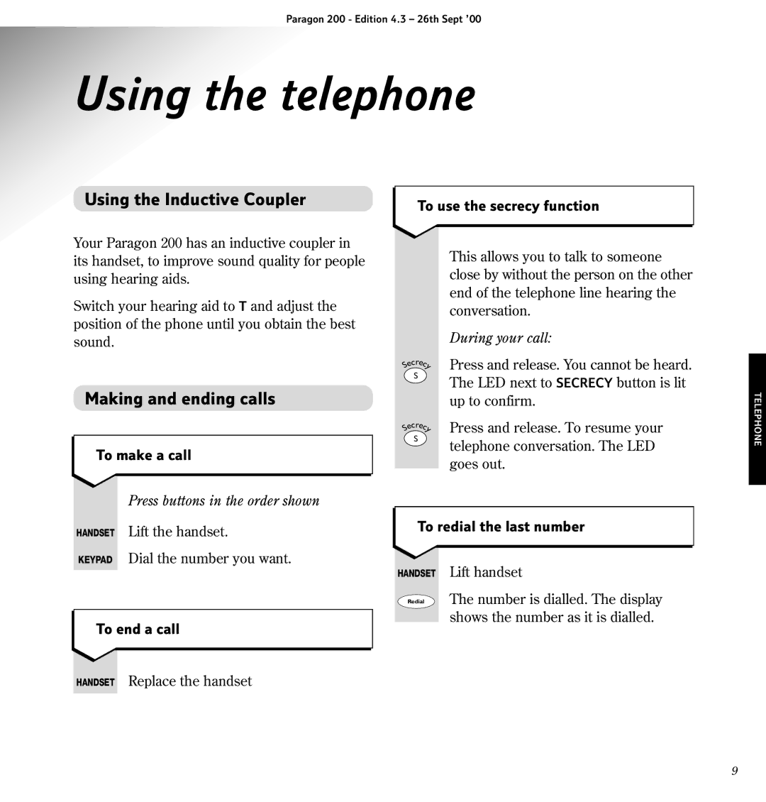 BT 200 manual Using the telephone, Using the Inductive Coupler, Making and ending calls 