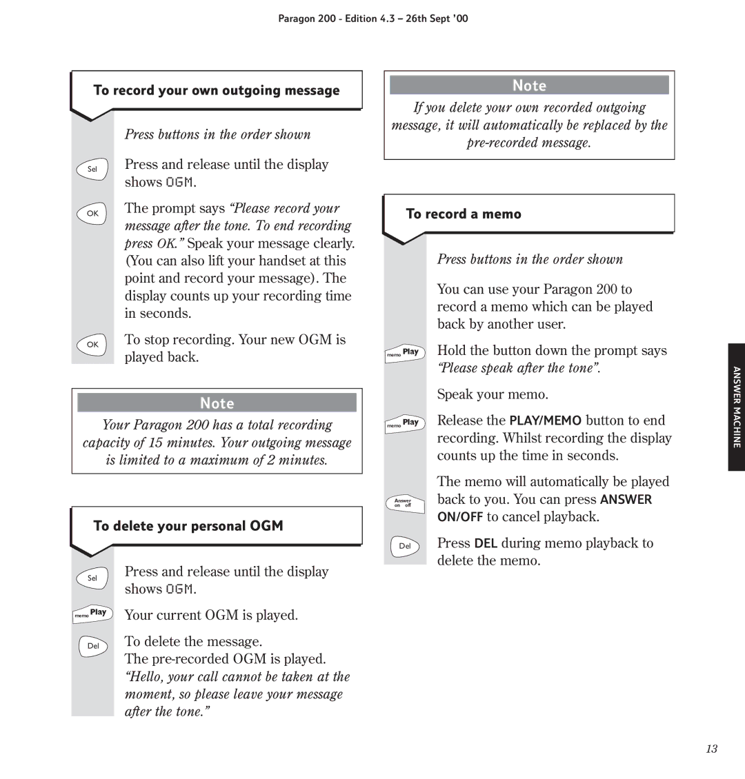 BT 200 manual To record your own outgoing message, To record a memo, To delete your personal OGM 