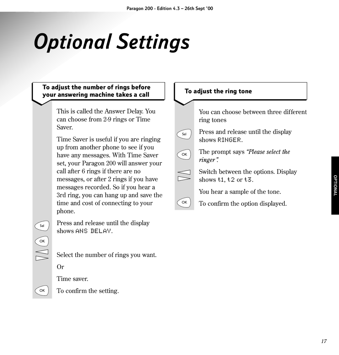 BT 200 manual Optional Settings, To adjust the ring tone, Ringer 