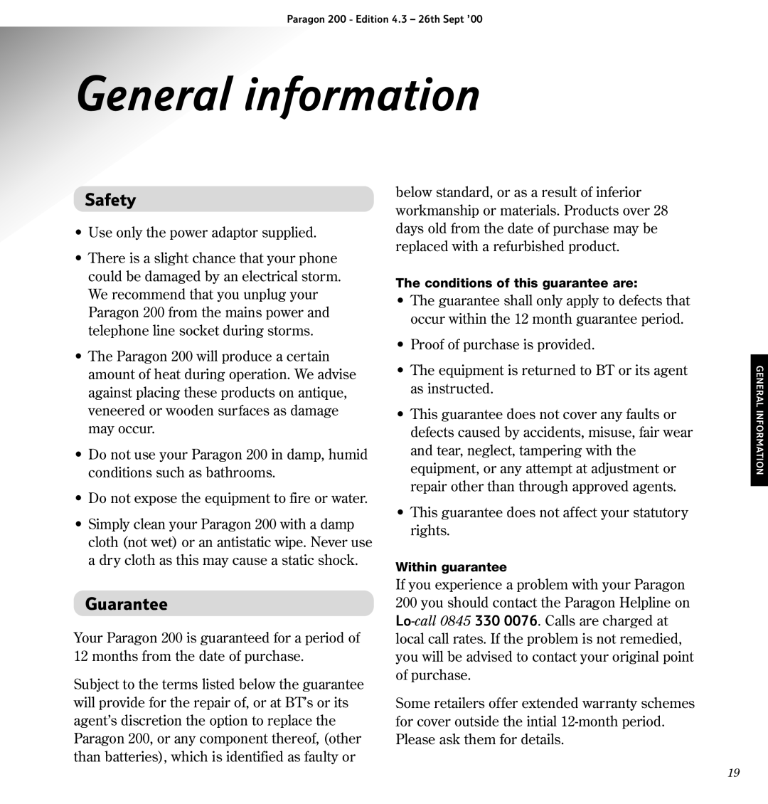 BT 200 manual General information, Safety, Guarantee 