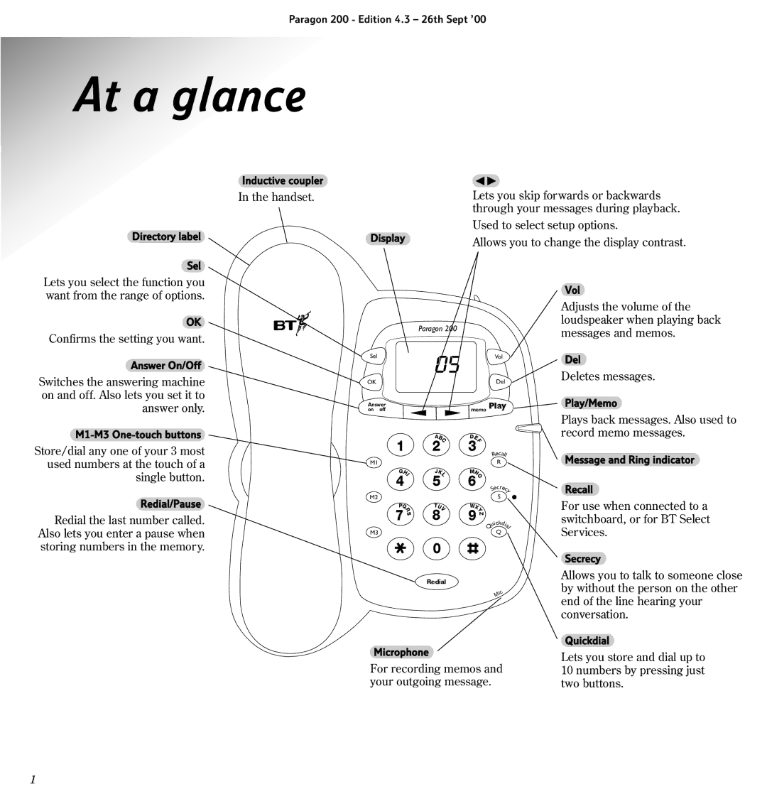 BT 200 manual At a glance, Allows you to change the display contrast 