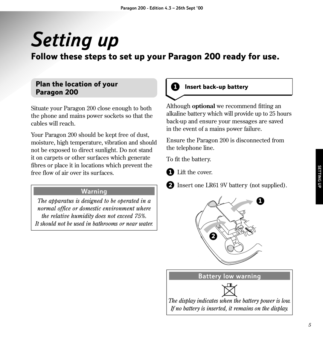 BT 200 manual Setting up, Plan the location of your Paragon, It should not be used in bathrooms or near water 