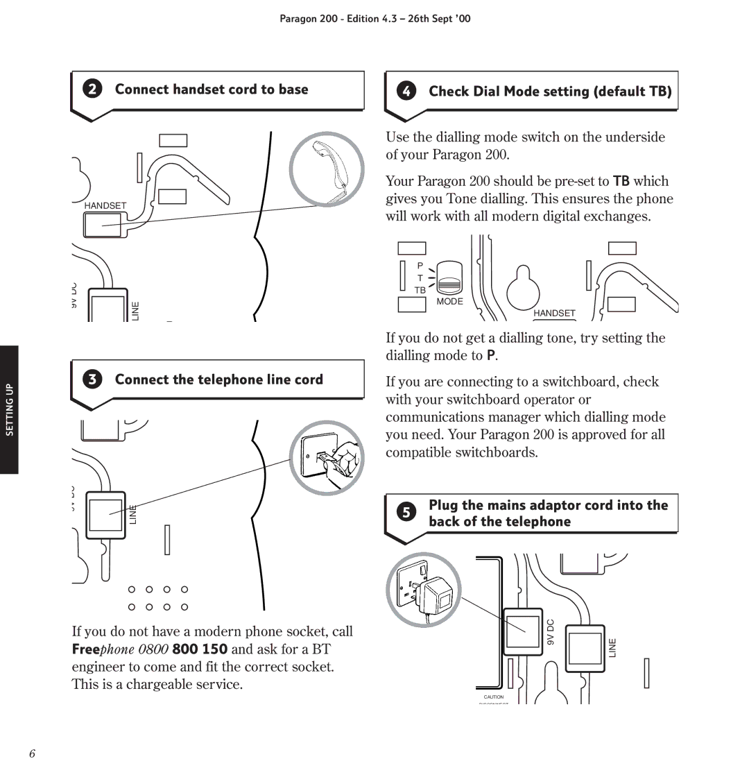 BT 200 manual Connect handset cord to base, Connect the telephone line cord, Check Dial Mode setting default TB 