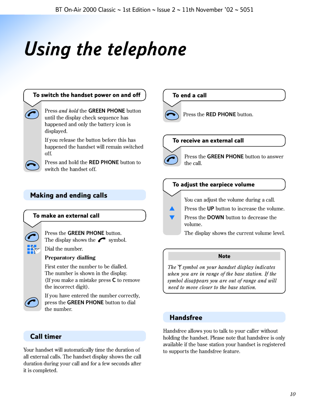 BT 2000 Classic manual Using the telephone, Making and ending calls, Call timer, Handsfree 