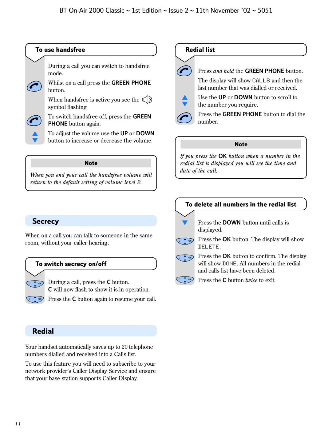 BT 2000 Classic manual Secrecy, Redial 