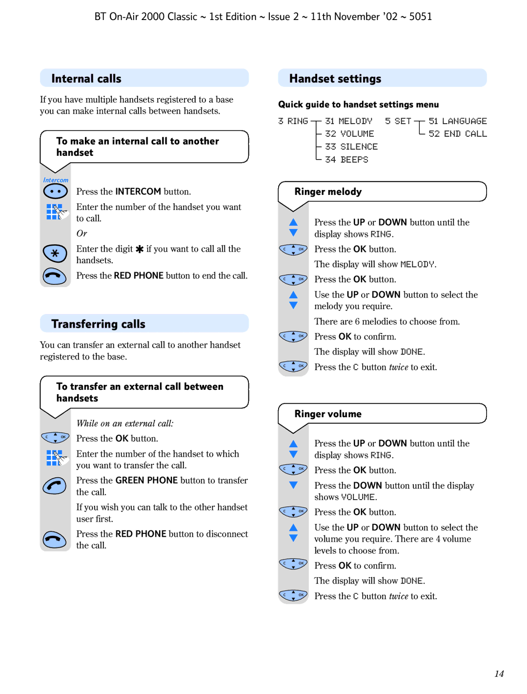 BT 2000 Classic manual Internal calls, Handset settings, Transferring calls 