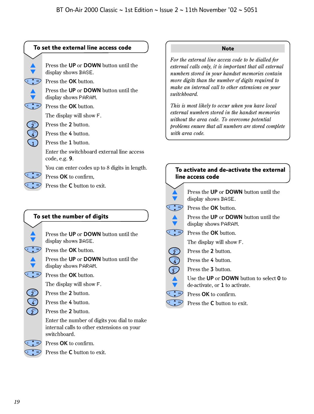 BT 2000 Classic manual To set the external line access code, To activate and de-activate the external line access code 