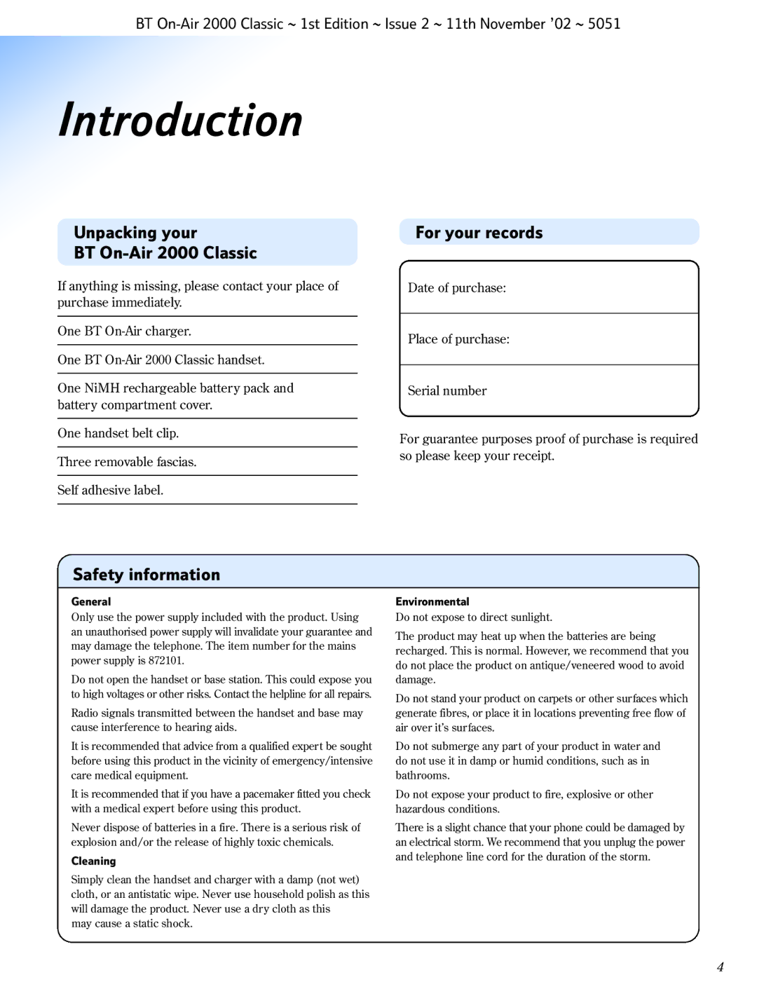 BT manual Introduction, Unpacking your BT On-Air 2000 Classic, For your records, Safety information 