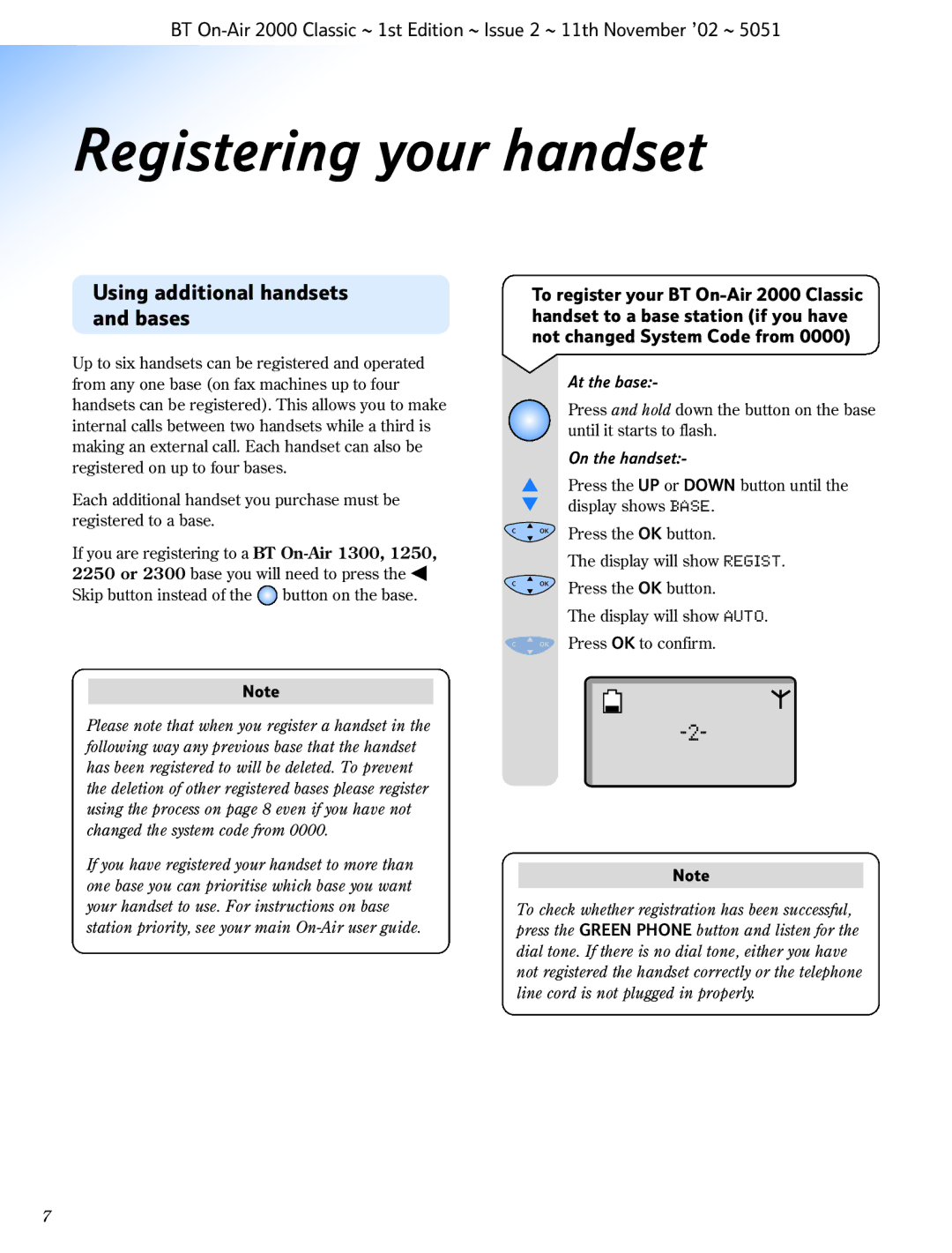 BT 2000 Classic manual Registering your handset, Using additional handsets and bases 