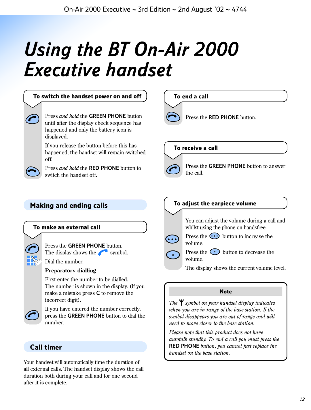 BT manual Using the BT On-Air 2000 Executive handset, Making and ending calls, Call timer 