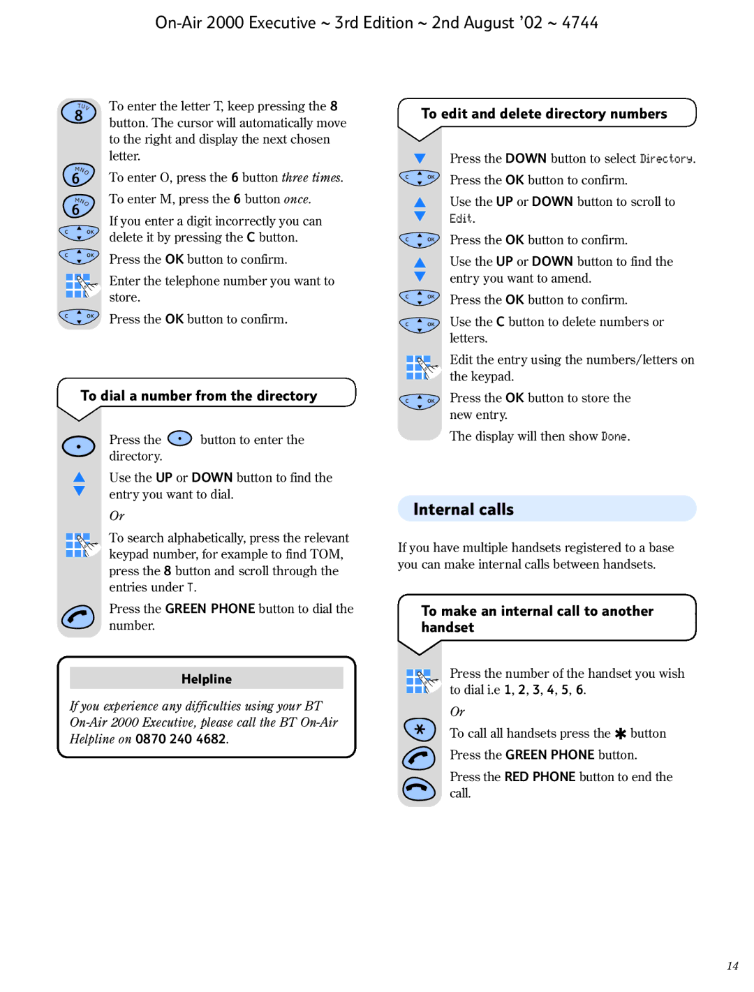 BT 2000 Executive manual Internal calls, To edit and delete directory numbers, To dial a number from the directory 