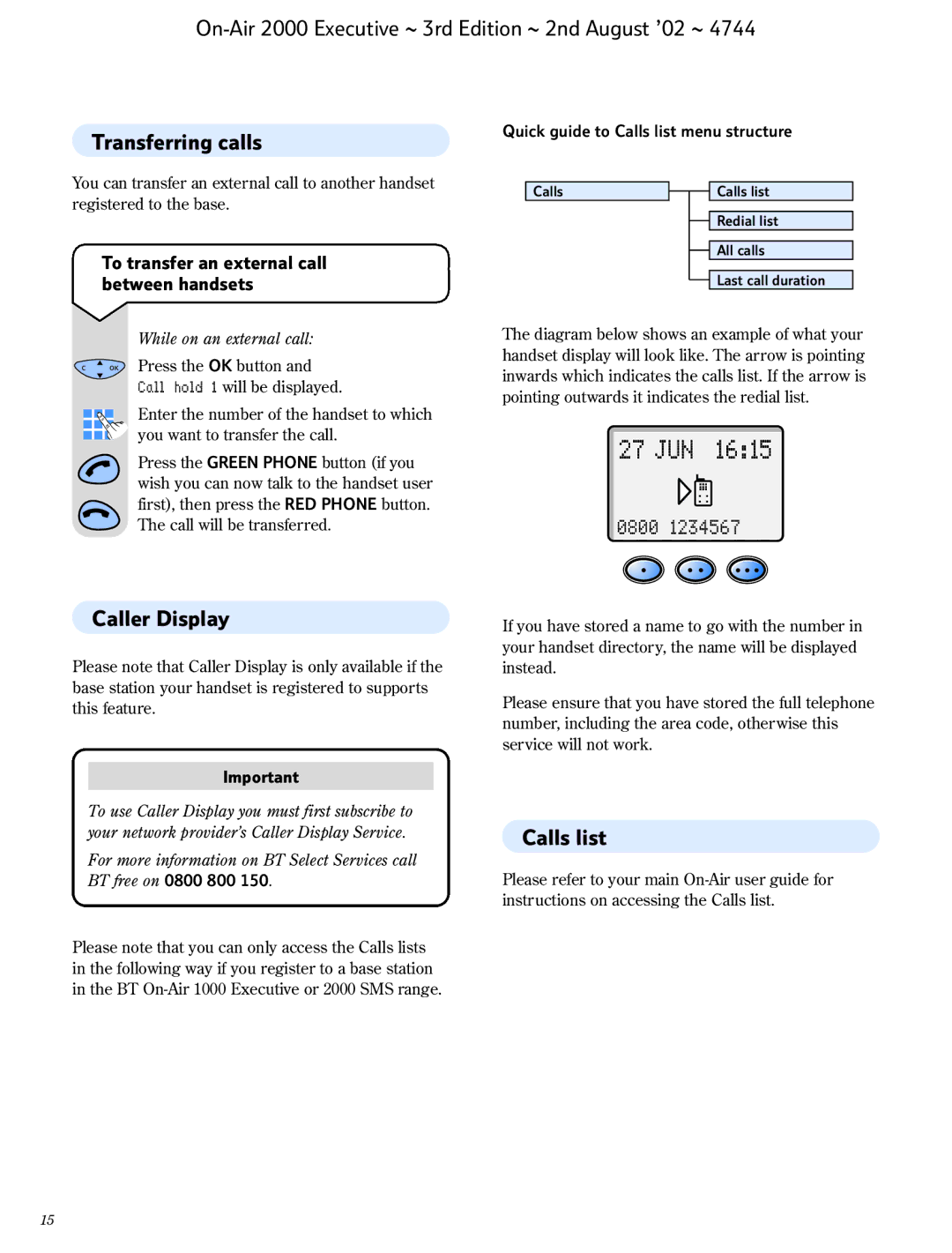 BT 2000 Executive manual Caller Display, Calls list, To transfer an external call between handsets 