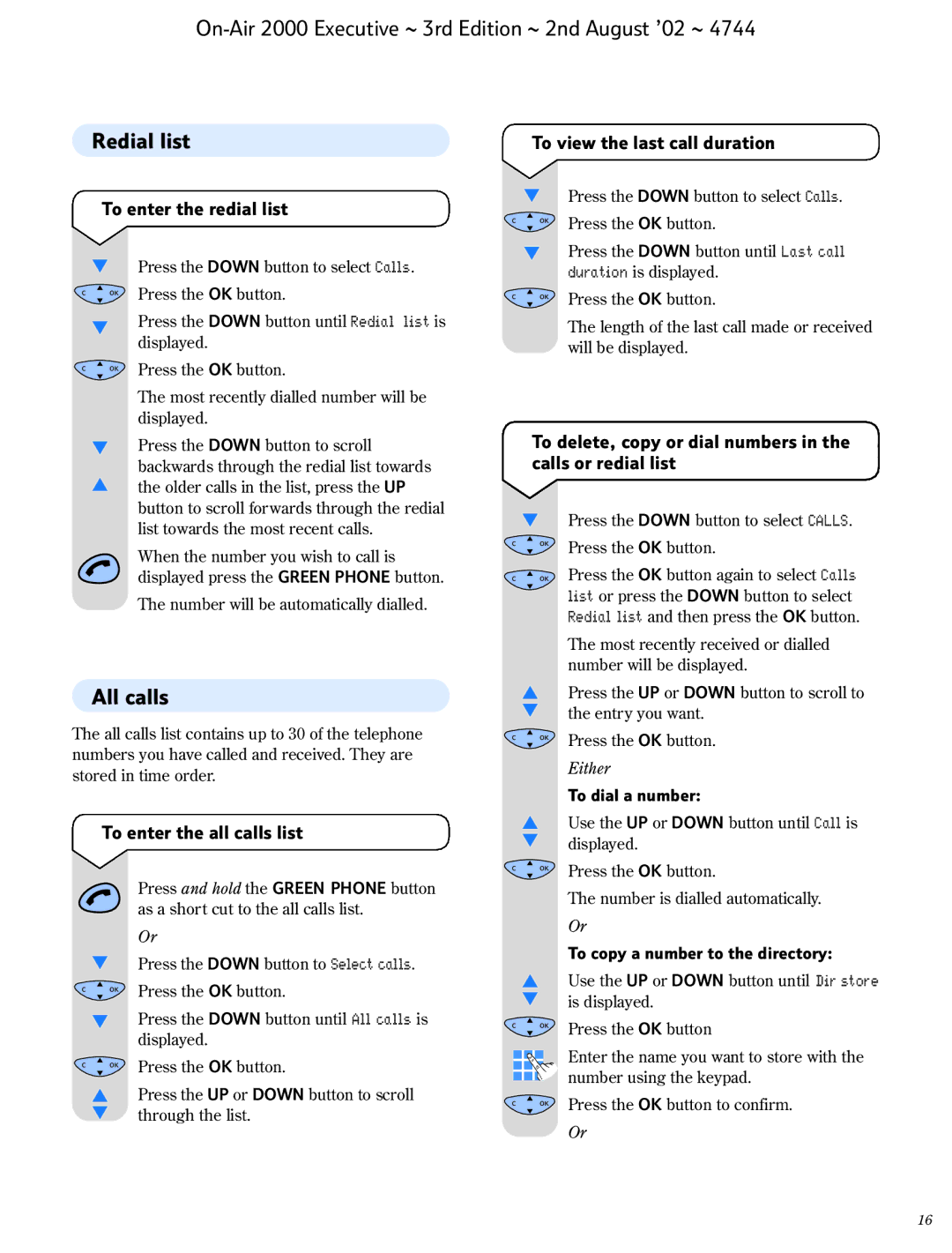 BT 2000 Executive manual All calls, To enter the redial list, To delete, copy or dial numbers in the calls or redial list 