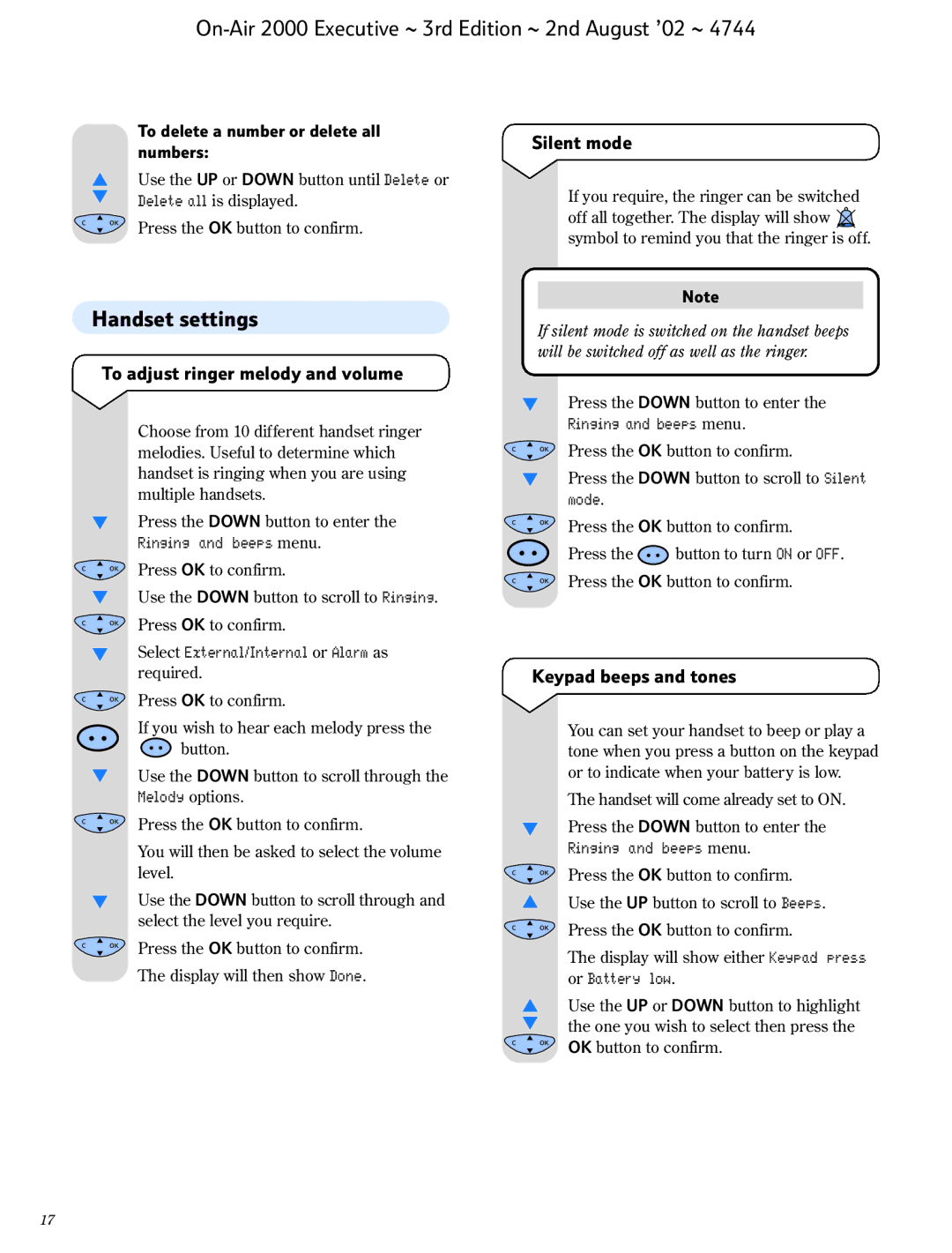 BT 2000 Executive manual Handset settings, To adjust ringer melody and volume Silent mode, Keypad beeps and tones 