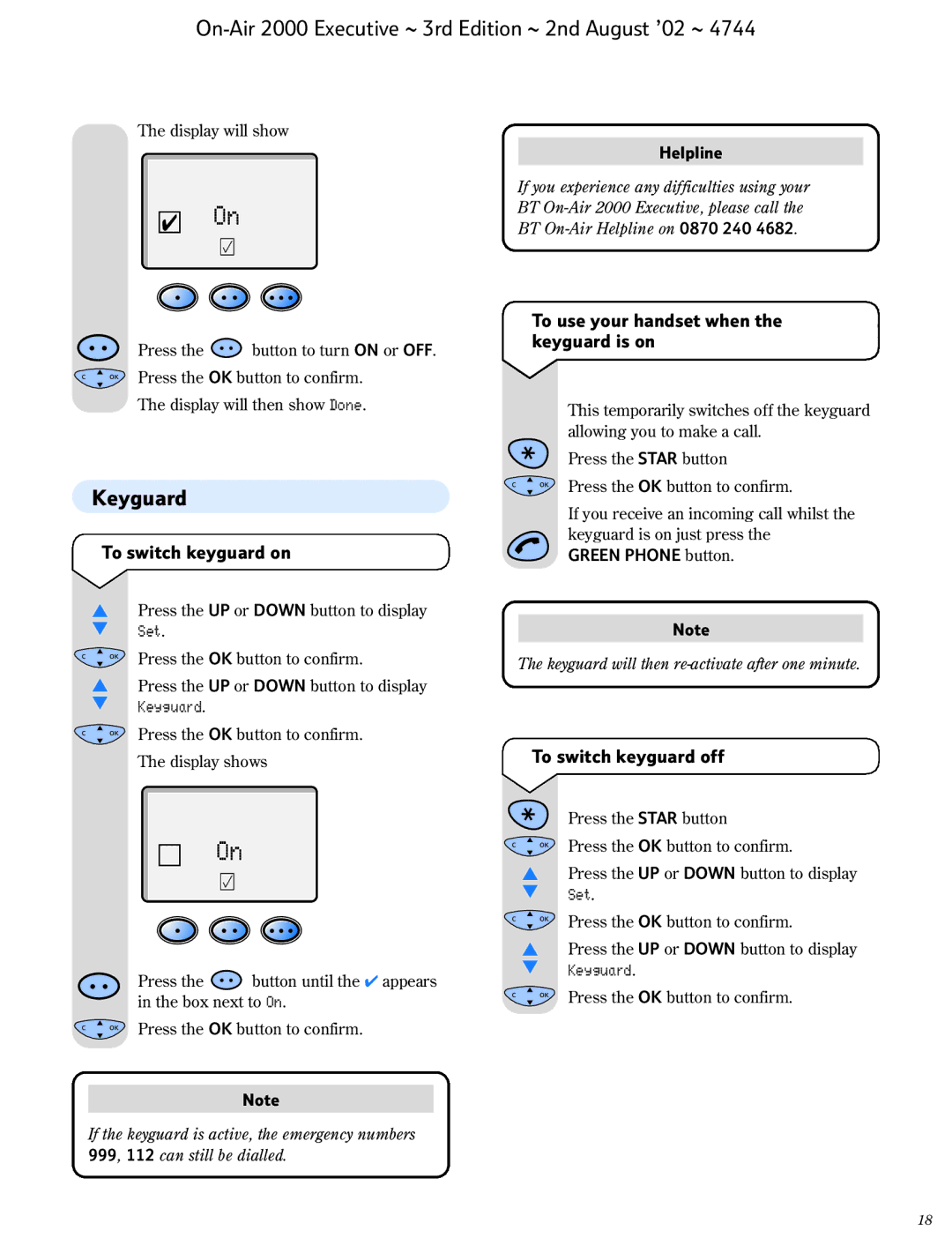 BT 2000 Executive Keyguard, To switch keyguard on, To use your handset when the keyguard is on, To switch keyguard off 