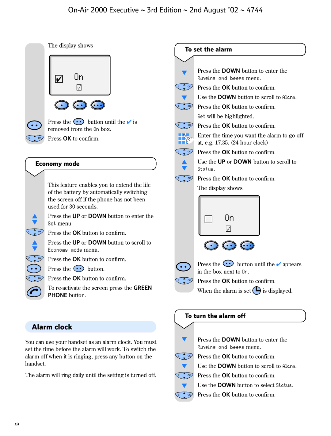 BT 2000 Executive manual Alarm clock, Economy mode To set the alarm, To turn the alarm off 
