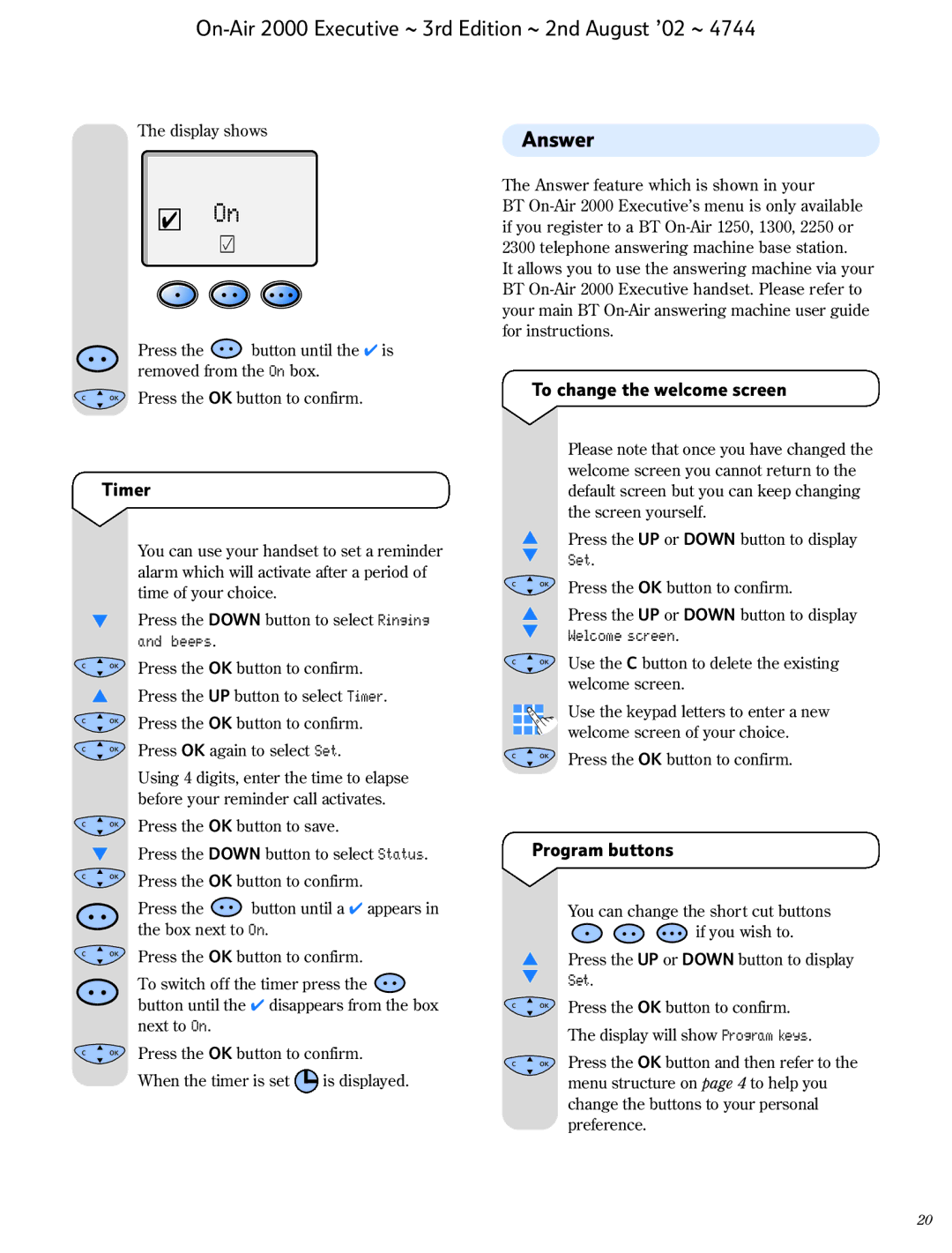 BT 2000 Executive manual Answer, Timer To change the welcome screen, Program buttons 