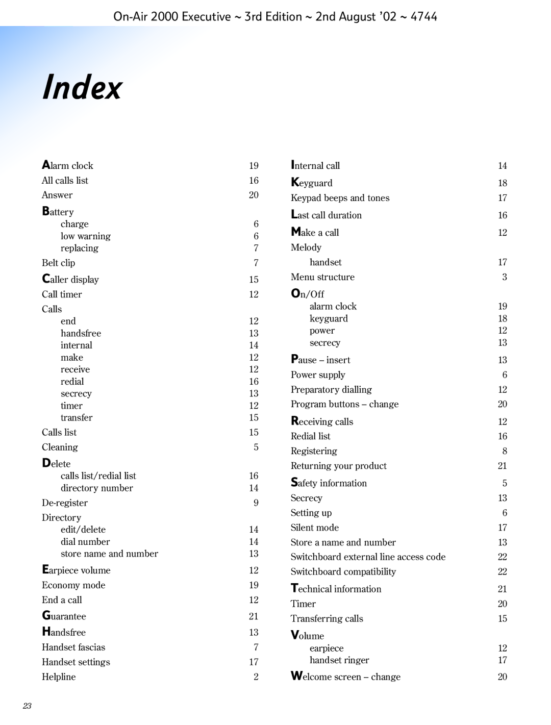 BT 2000 Executive manual Index 