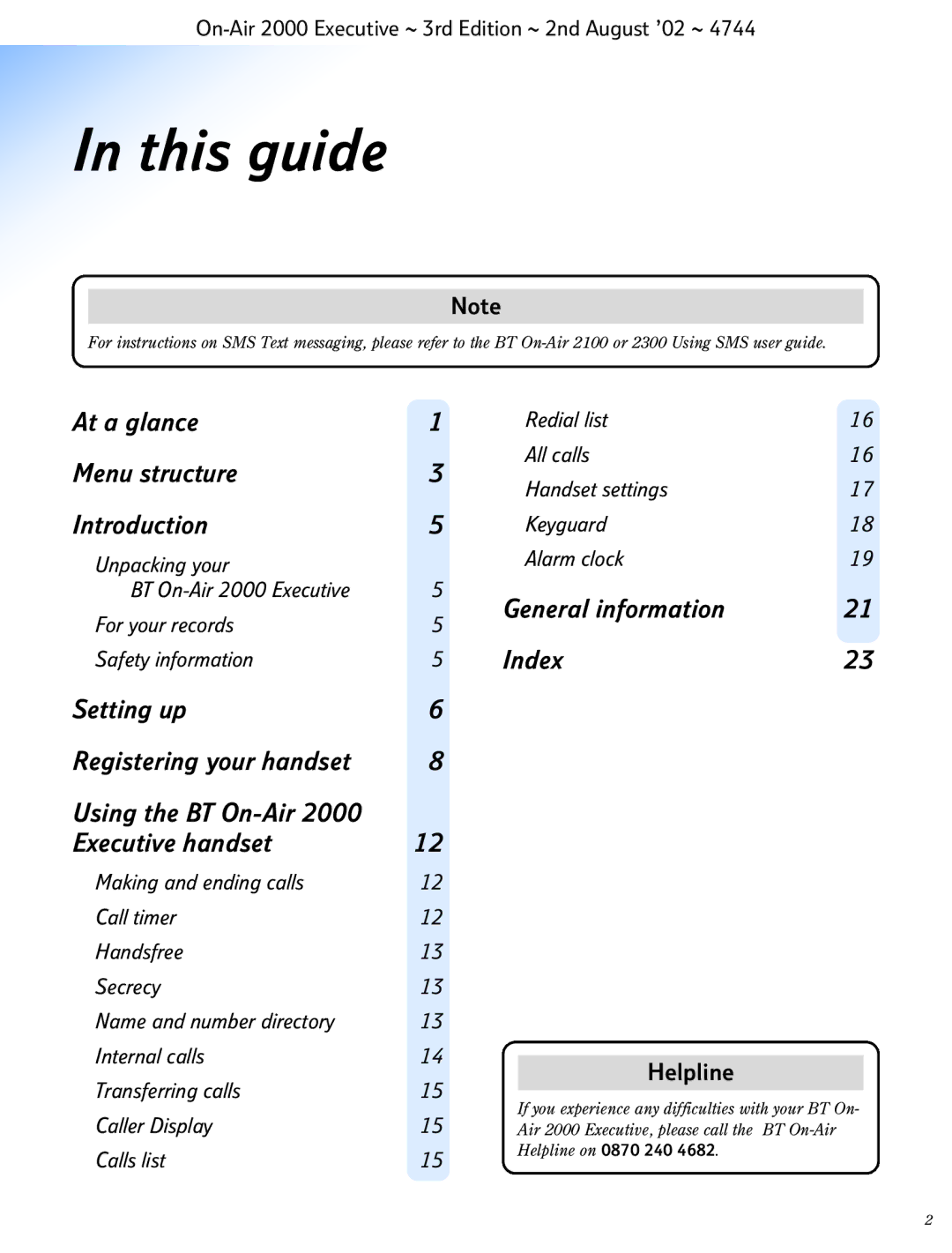 BT 2000 Executive manual This guide, General information Index 