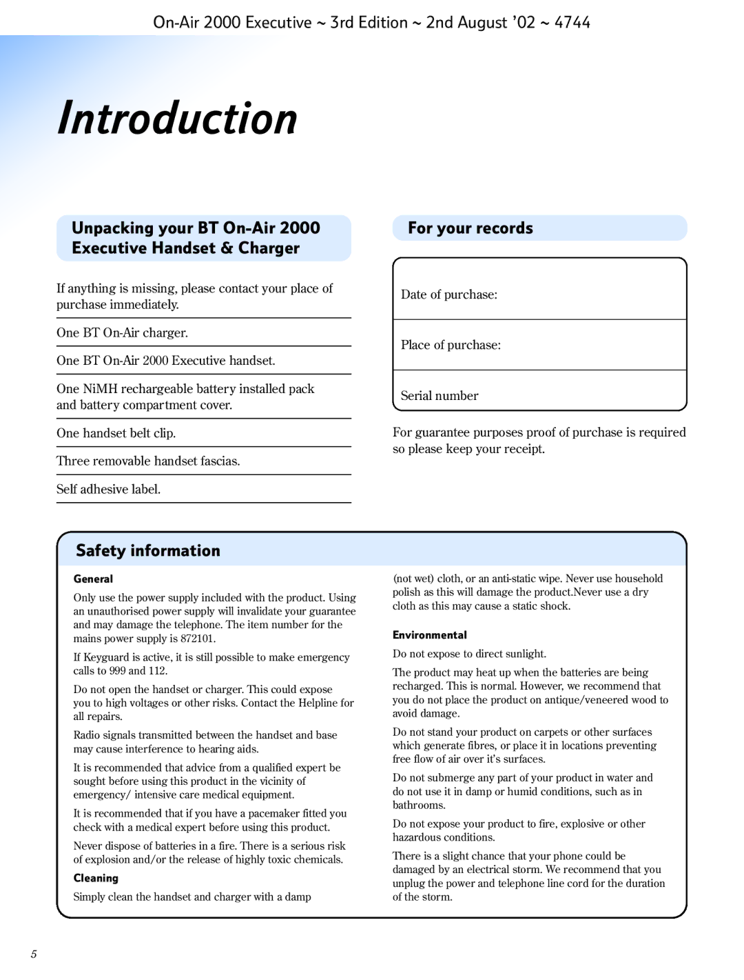 BT manual Introduction, Unpacking your BT On-Air 2000 Executive Handset & Charger, For your records, Safety information 